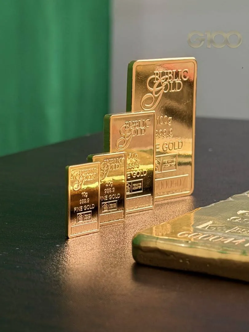 Susunan gold bar Public Gold pelbagai saiz dari 10 gram hingga 100 gram 999.9 fine gold sebagai modal simpanan kahwin